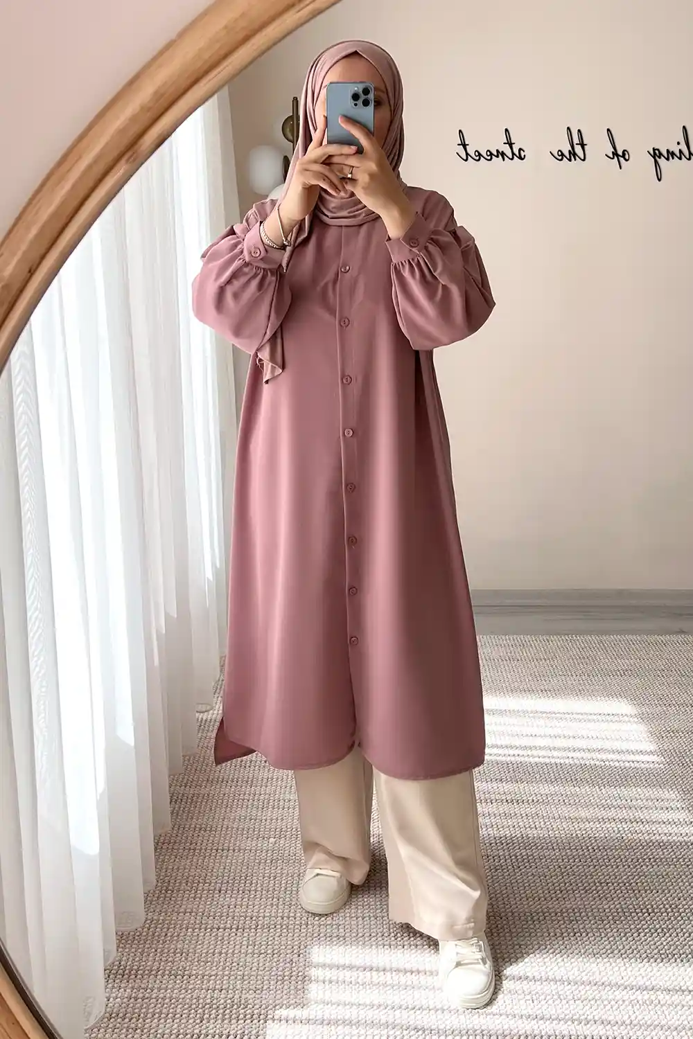 Boydan Düğmeli Zen Tunik - Pudra